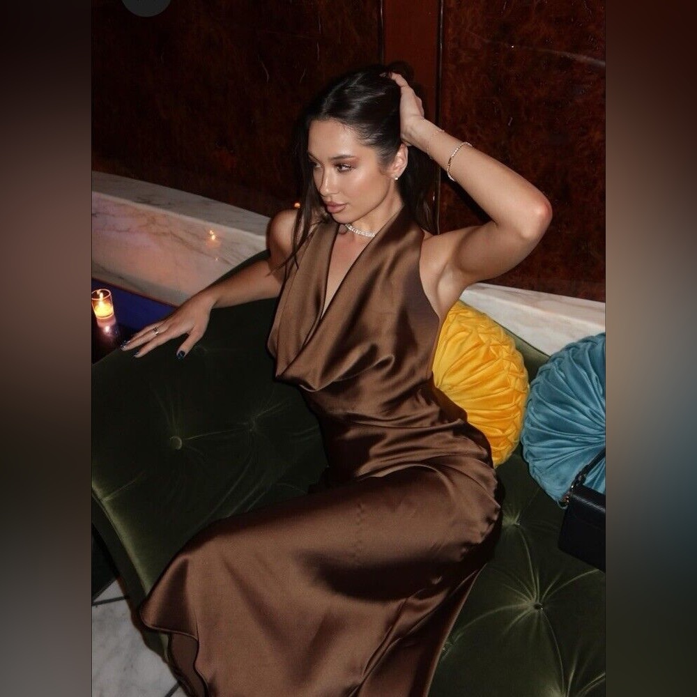 Zara dress gown maxi halter scarf satin plunge neck Brown  Evening Wedding